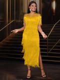 Women Mesh Patchwork tassel Round Neck sexy evening bodycon dresses