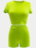 Women Summer Solid Crop Top Shorts Two-Piece Set