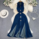 Turn-Down Collar Denim Dress Cut-Out Waist Slim Fit A-Line Slit Casual Long Dress