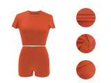 Women Summer Solid Crop Top Shorts Two-Piece Set