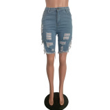 Distressed Denim Knee-Length Shorts