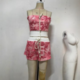 American Streetwear Color-Block Camo Strapless Top & Jogger Shorts Set