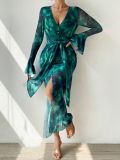 Long-Sleeve Slit Floral Bell-Sleeve V-Neck Lace-Up Maxi Dress