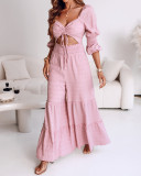 Women Square Neck Drawstring Puff Sleeve Wide Leg Jumpsuit