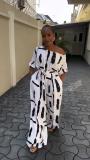 Plus Size Women Summer Off Shoulder Printed Short Sleeve Jumpsuit