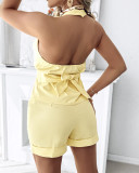 Women Halter Neck Lace-Up Top + Shorts Solid Two-Piece Set