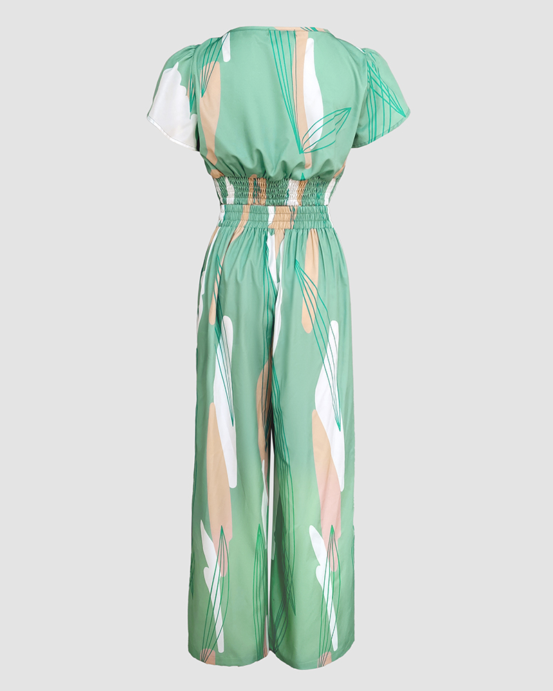 Summer Color Block Printed Short Sleeve Lace-Up Top Wide Leg Pants Two-piece Set