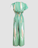 Summer Color Block Printed Short Sleeve Lace-Up Top Wide Leg Pants Two-piece Set