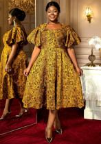 Summer Puff-Sleeve Jacquard Square-Neck A-Line Cocktail Dress Summer Puff-Sleeve Jacquard Square-Neck A-Line Cocktail Dress