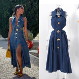 Turn-Down Collar Denim Dress Cut-Out Waist Slim Fit A-Line Slit Casual Long Dress