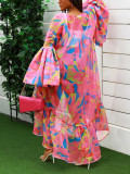 Casual Spring and Autumn Women's Lantern Sleeve Irregular Long Printed Coat
