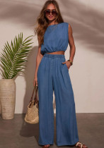 Casual Denim Sleeveless Top Wide-Leg Pants Set