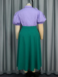 Women Turndown Collar shirt rose flower Patchwork Skirt Two-Piece Set