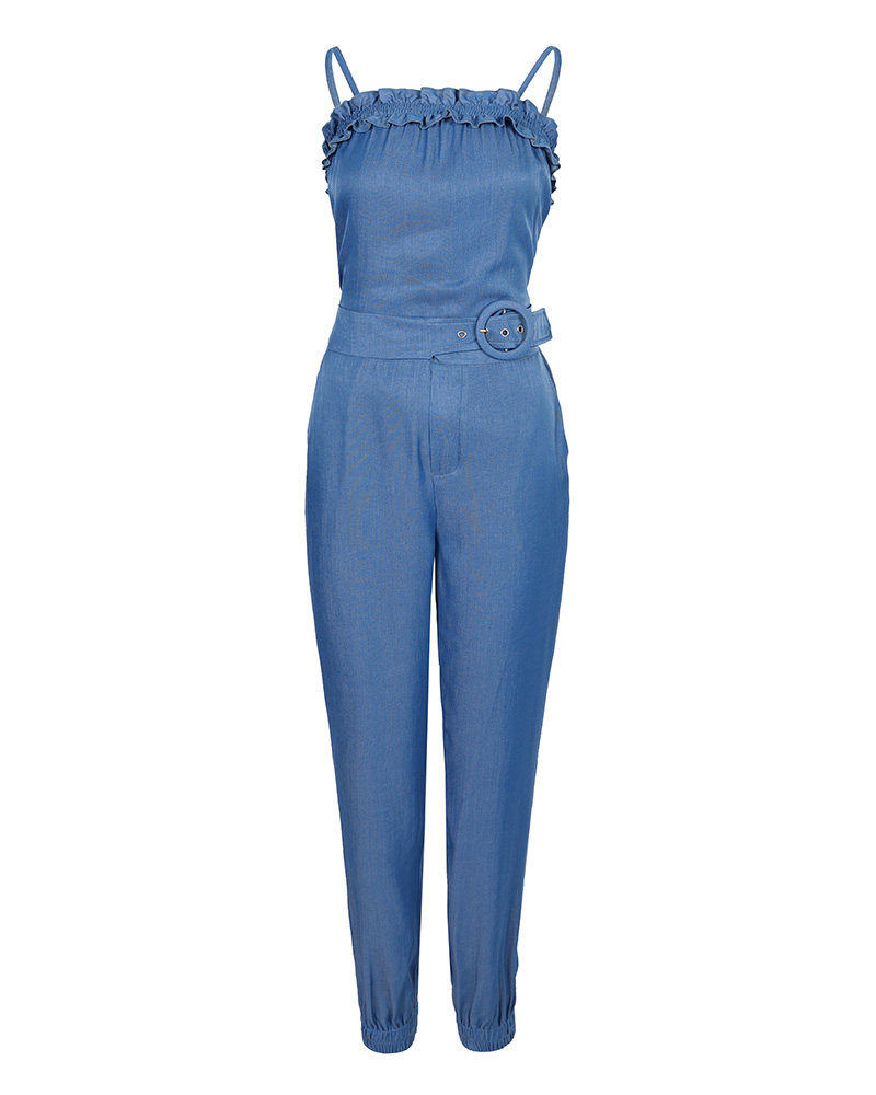Summer Ruffle Edge Patchwork Suspender Top + Pants Two-piece Set