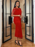 Women Mesh Patchwork tassel Round Neck sexy evening bodycon dresses