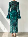 Long-Sleeve Slit Floral Bell-Sleeve V-Neck Lace-Up Maxi Dress