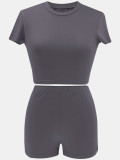 Women Summer Solid Crop Top Shorts Two-Piece Set