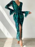 Long-Sleeve Slit Floral Bell-Sleeve V-Neck Lace-Up Maxi Dress