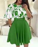 Summer Short Sleeve Printed Top and Skirt Two-piece Set