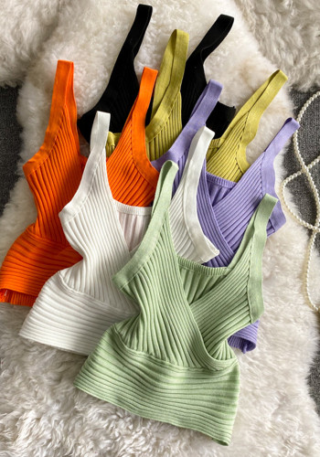 Retro Ribbed Knit Vest V-Neck Low Back Cropped Tank