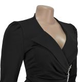 Women Cross Turndown Collar Long Sleeve Dress