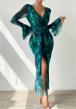 Long-Sleeve Slit Floral Bell-Sleeve V-Neck Lace-Up Maxi Dress