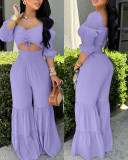 Women Square Neck Drawstring Puff Sleeve Wide Leg Jumpsuit
