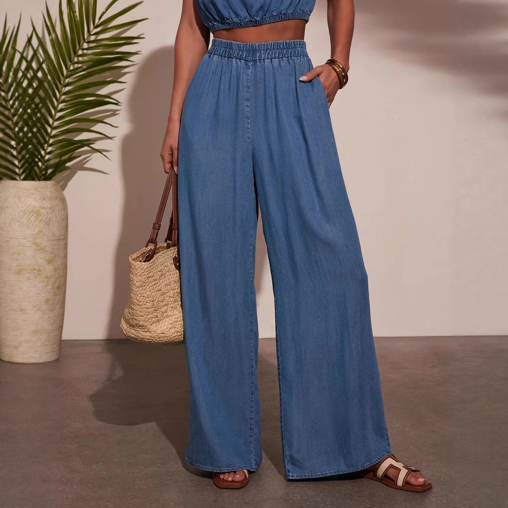 Casual Denim Sleeveless Top Wide-Leg Pants Set