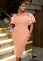 Embroidered Lace Short-Sleeve Satin Patchwork High-Slit Party Gown Embroidered Lace Short-Sleeve Satin Patchwork High-Slit Party Gown