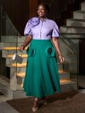 Women Turndown Collar shirt rose flower Patchwork Skirt Two-Piece Set