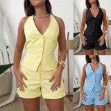 Women Halter Neck Lace-Up Top + Shorts Solid Two-Piece Set
