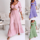 Women Square Neck Drawstring Puff Sleeve Wide Leg Jumpsuit