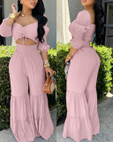 Women Square Neck Drawstring Puff Sleeve Wide Leg Jumpsuit
