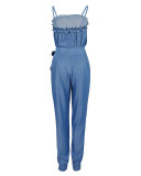 Summer Ruffle Edge Patchwork Suspender Top + Pants Two-piece Set
