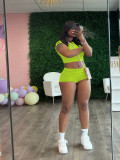 Women Summer Solid Crop Top Shorts Two-Piece Set
