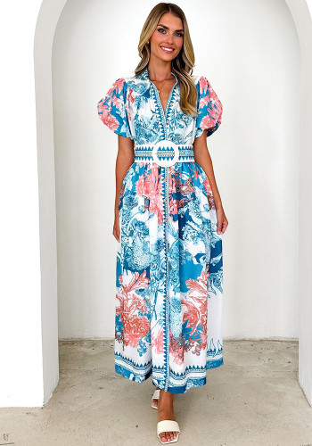 Casual Tie-Waist Printed Long Dress