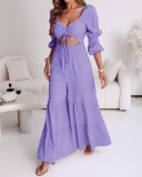 Women Square Neck Drawstring Puff Sleeve Wide Leg Jumpsuit