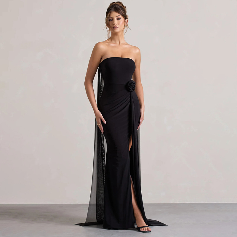 Women Strapless Flower Ribbon Slit Dress Tailed Maxi Dress