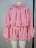 Women's Casual Solid Color Shorts & Round Neck Lantern Sleeve Top Two-Piece Set