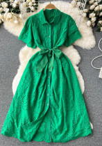 Women Turndown Collar Puff Sleeve Lace Hollow French Maxi Shirt Dress