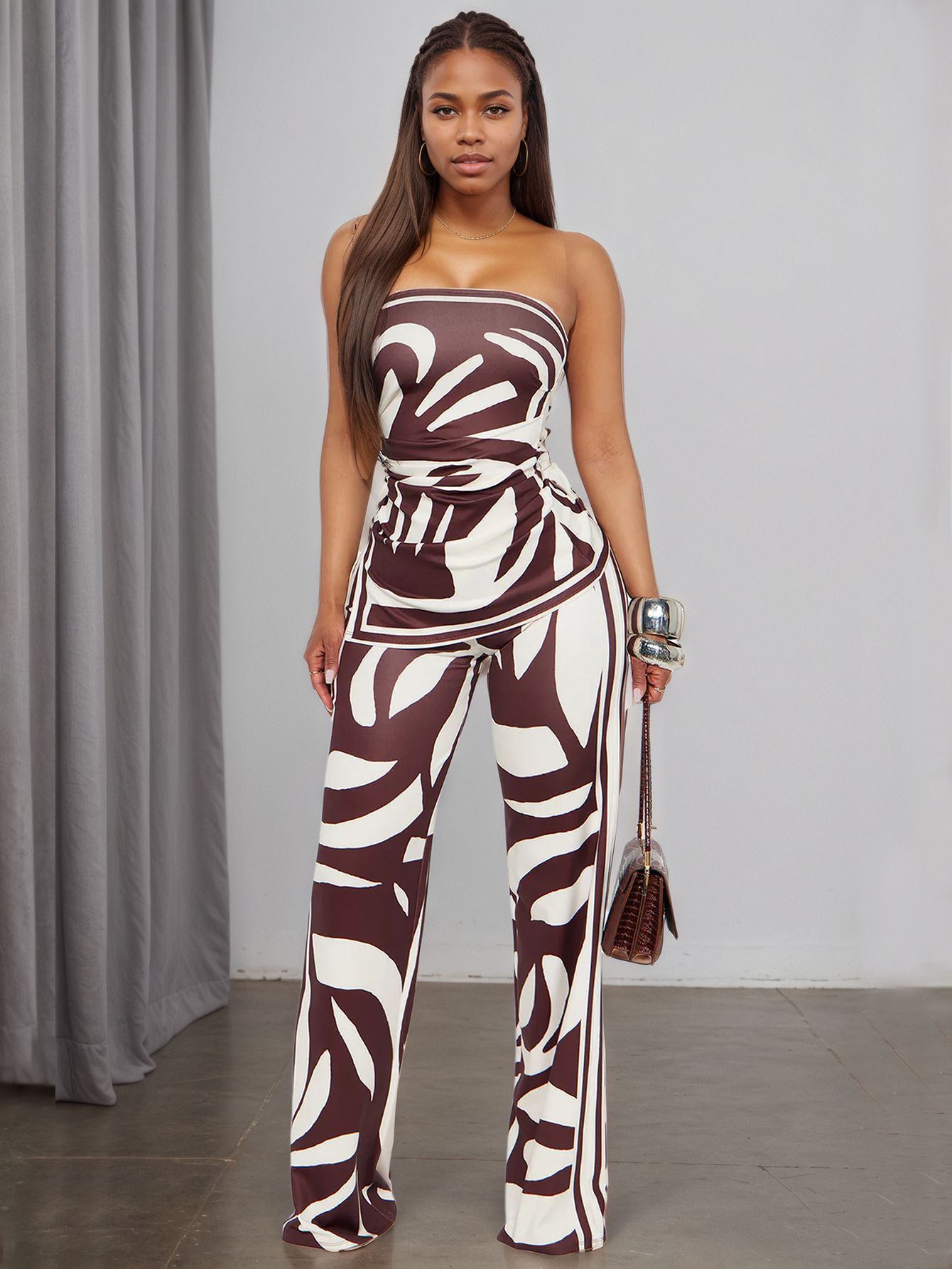Women Sexy Slit Strapless Top Long Pants Two-piece Set