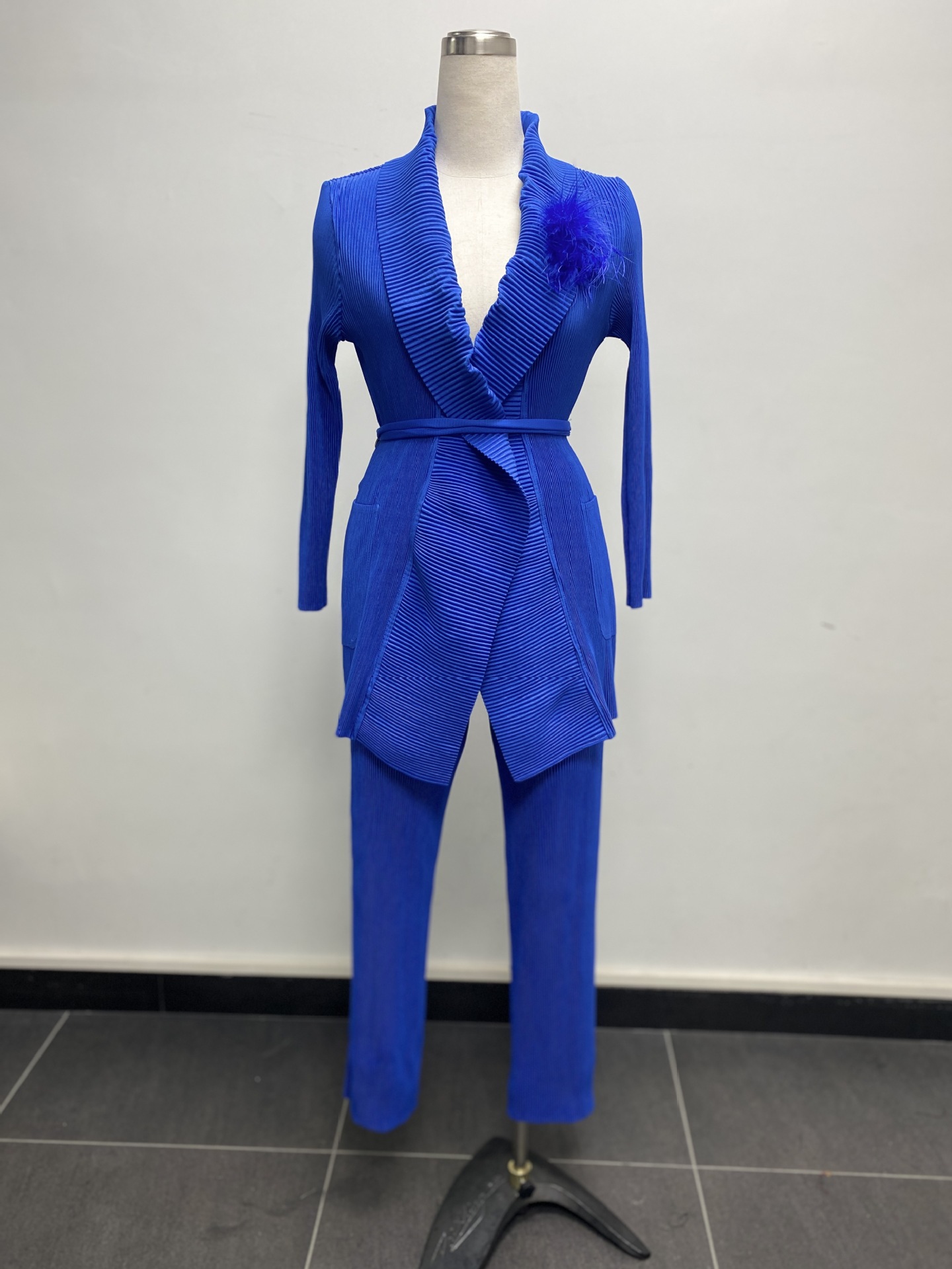 Plus Size African Women pleated Solid Blazer and Pant two-piece set