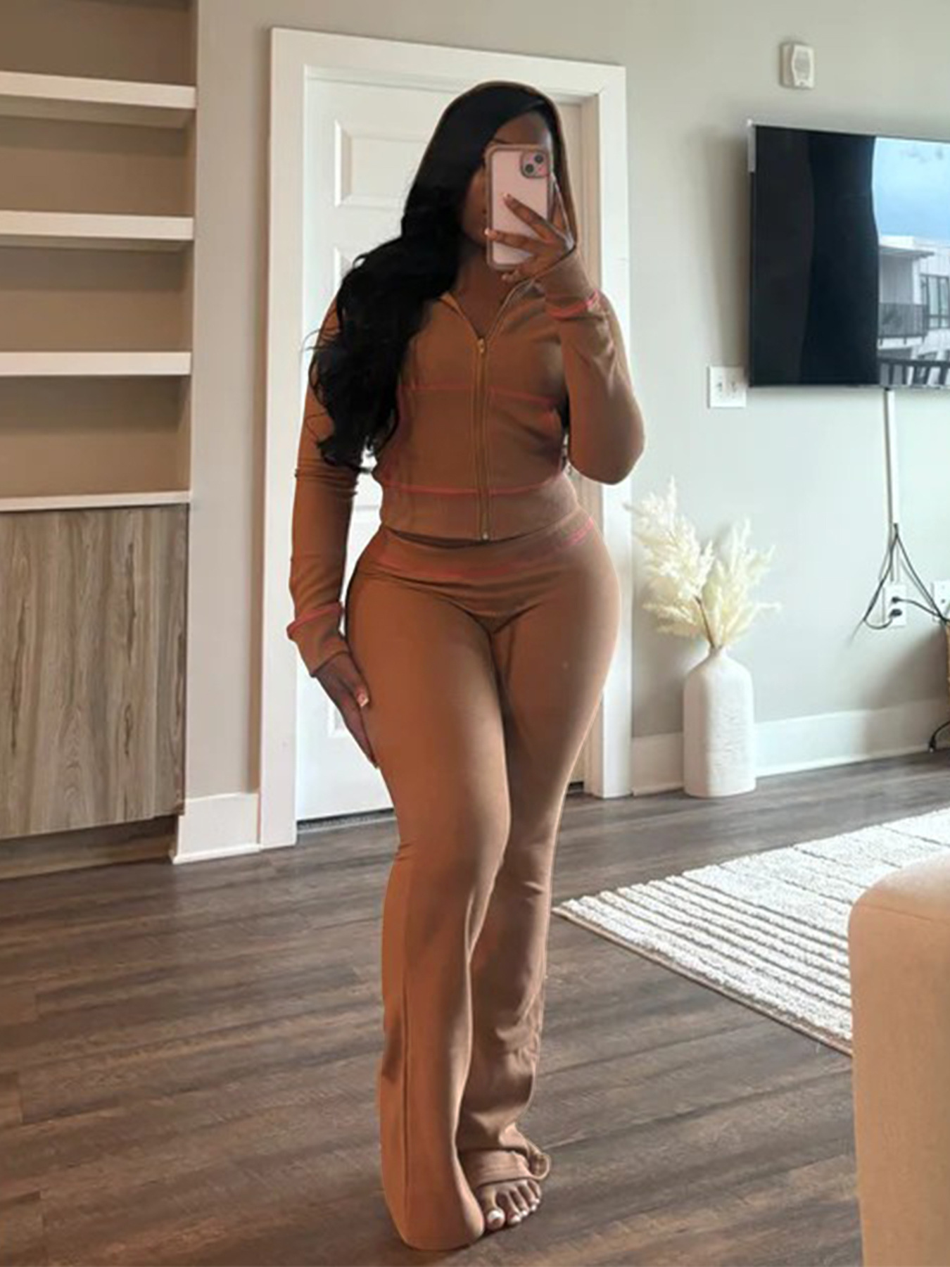 Women's Waffle texture hooded Bell Bottom Casual two piece pants set