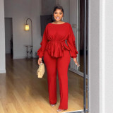 Women elegant lace drawstring long sleeve Top and Pants Two-piece Set