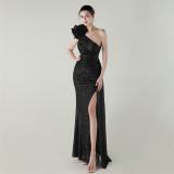 Women one-shoulder sequined flower beaded fishtail evening dress