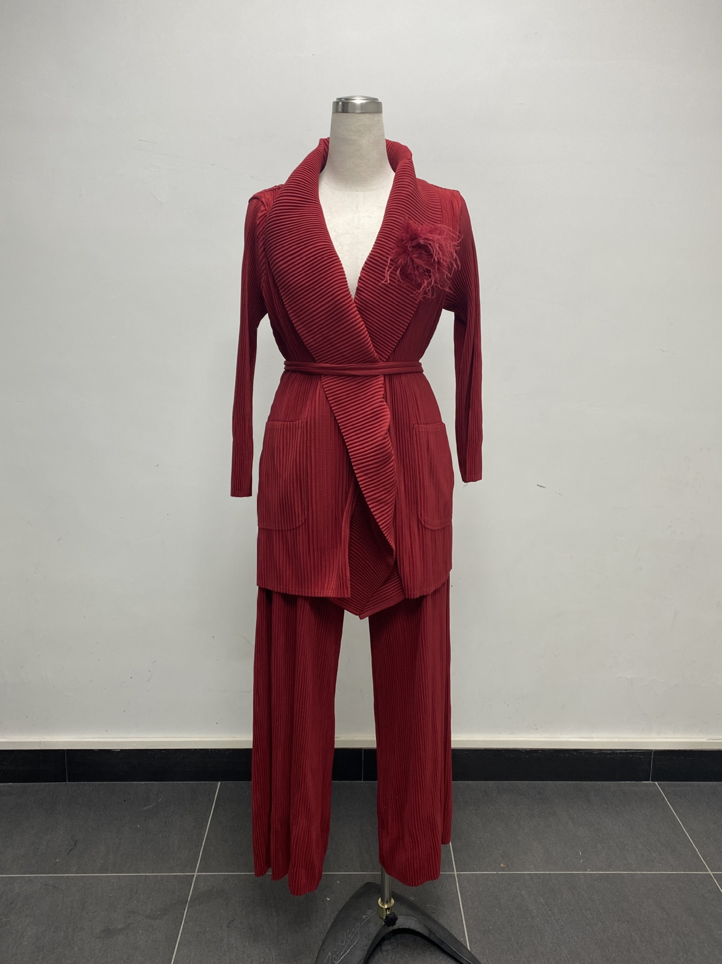 Plus Size African Women pleated Solid Blazer and Pant two-piece set