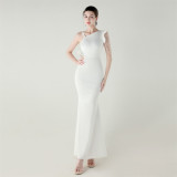 Women satin one-shoulder beaded Formal Party hollow ruffle fishtail evening dress