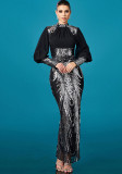 Women Long Sleeve Round Neck Bodycon Sequin Formal Party Evening Dress