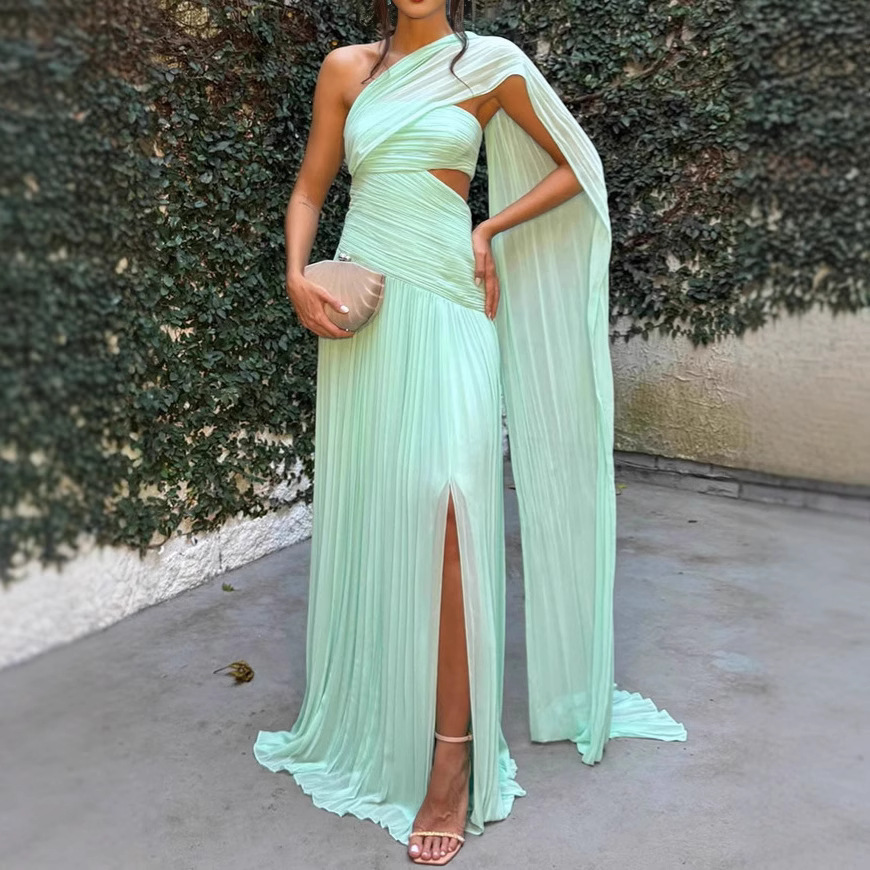 Women Strapless Pleated Ribbon Slit Dress