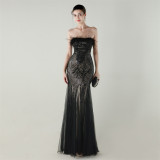 Women sequined tube flower ostrich feather Strapless cross Lace-Up Mesh Formal Party fishtail evening dress